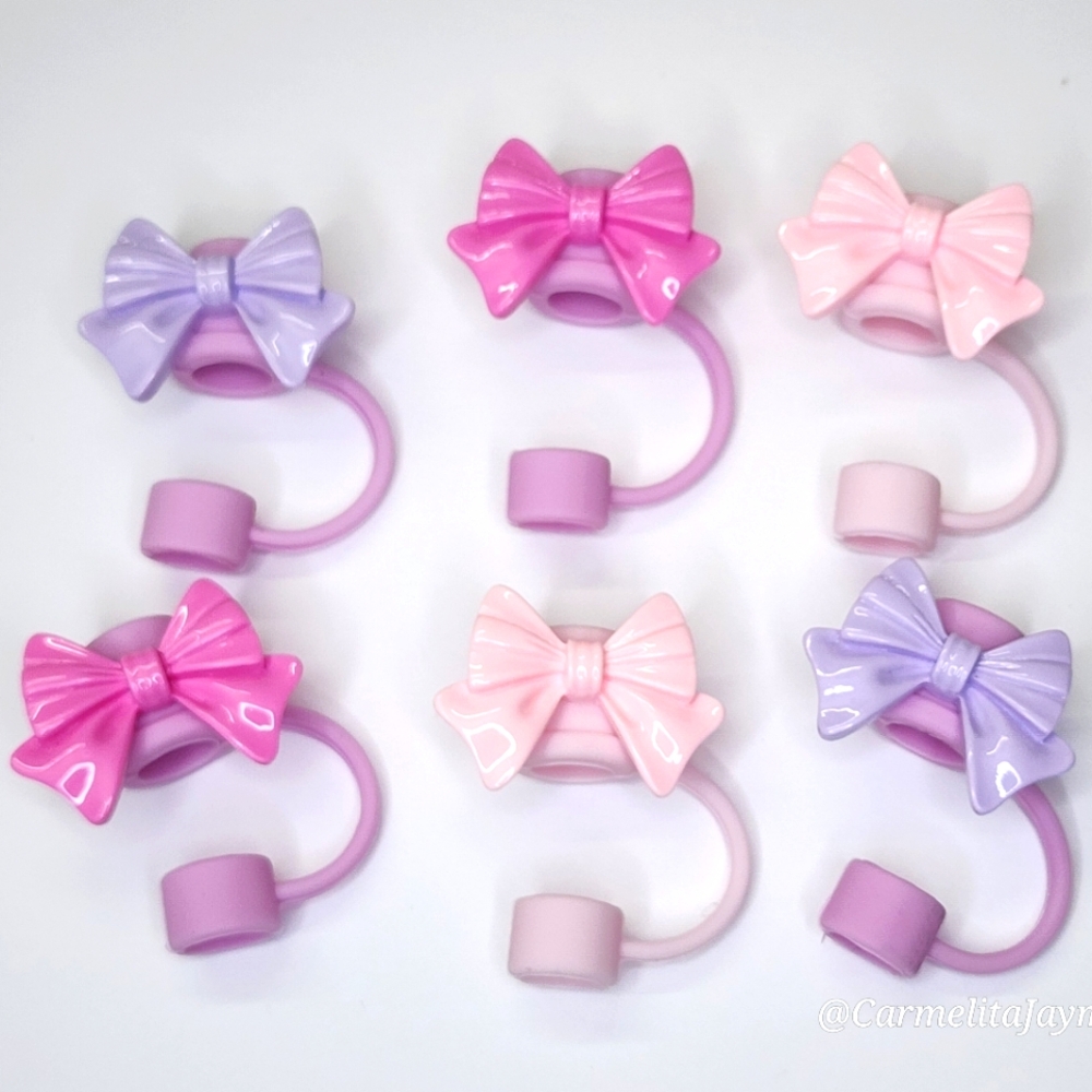 6 Piece Silicone Pink & Purple Bow Straw Toppers for Stanley, Starbucks etc NWT